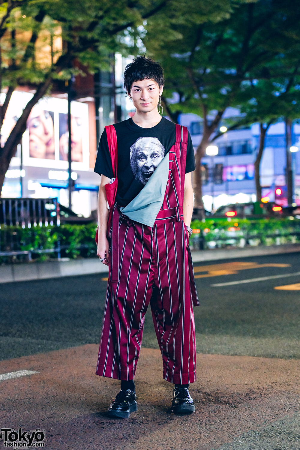 Vivienne Westwood World's End Streetwear Style w/ Face Print Shirt, Striped Overalls, Skeleton Earring & George Cox Creepers