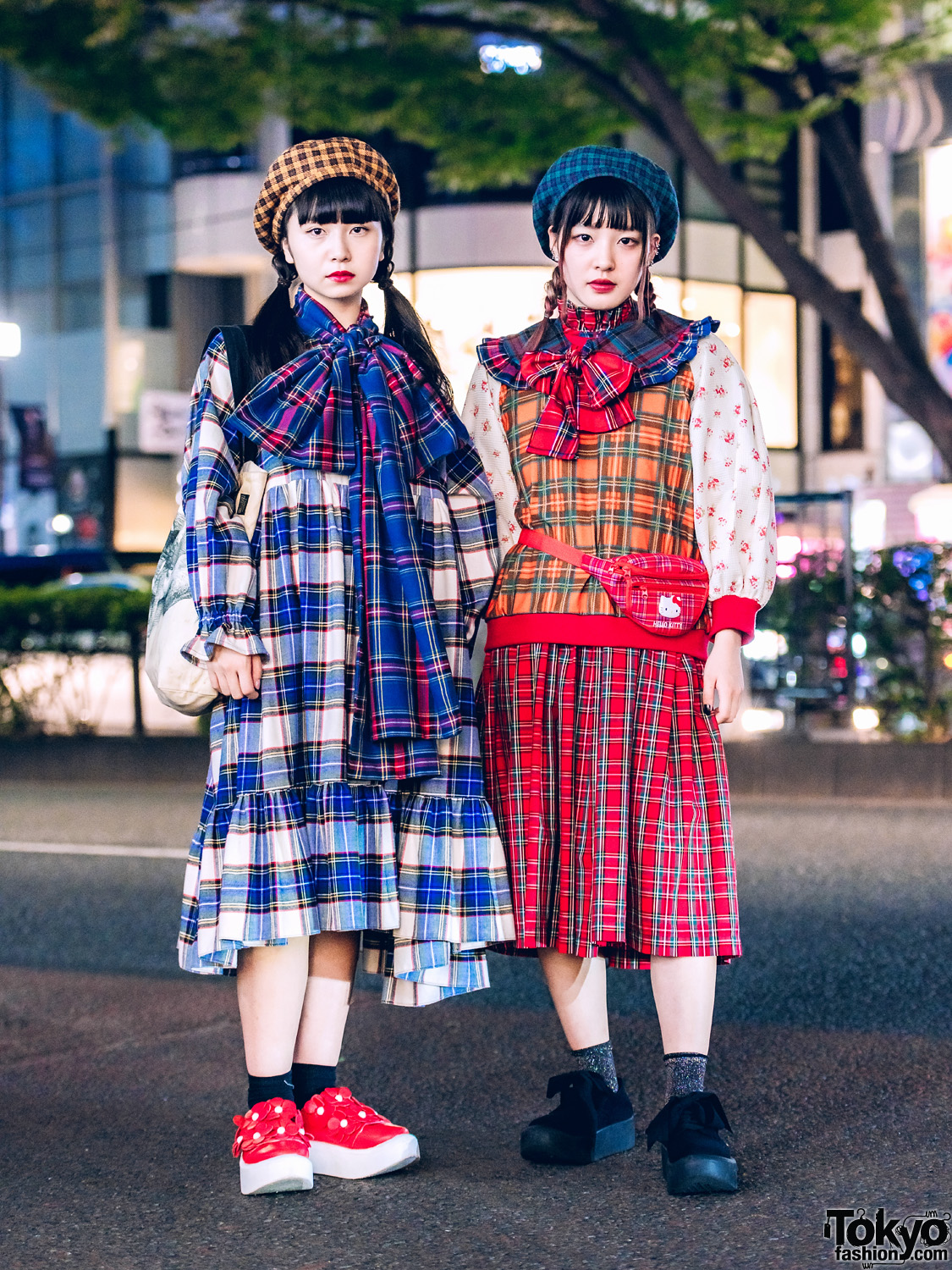 HEIHEI Harajuku Girls in Plaid Ruffle Dresses, Bows, Berets, Akira Uno, Hello Kitty Waist Bag & Tokyo Bopper