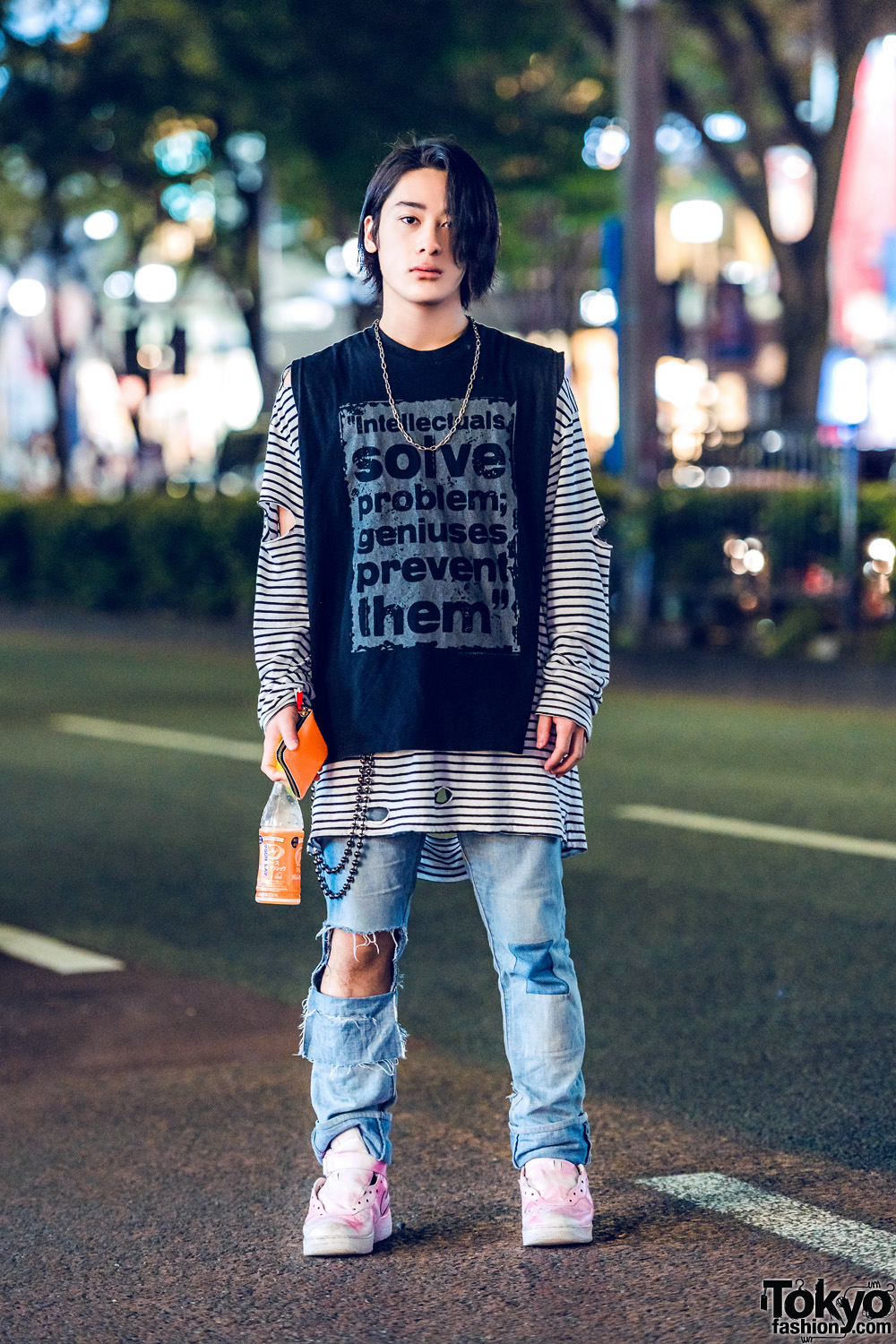 Distressed Street Casual Harajuku Fashion w/ Statement Sleeveless Tee, Striped Sweatshirt, Ripped Jeans & Nike High Top Sneakers