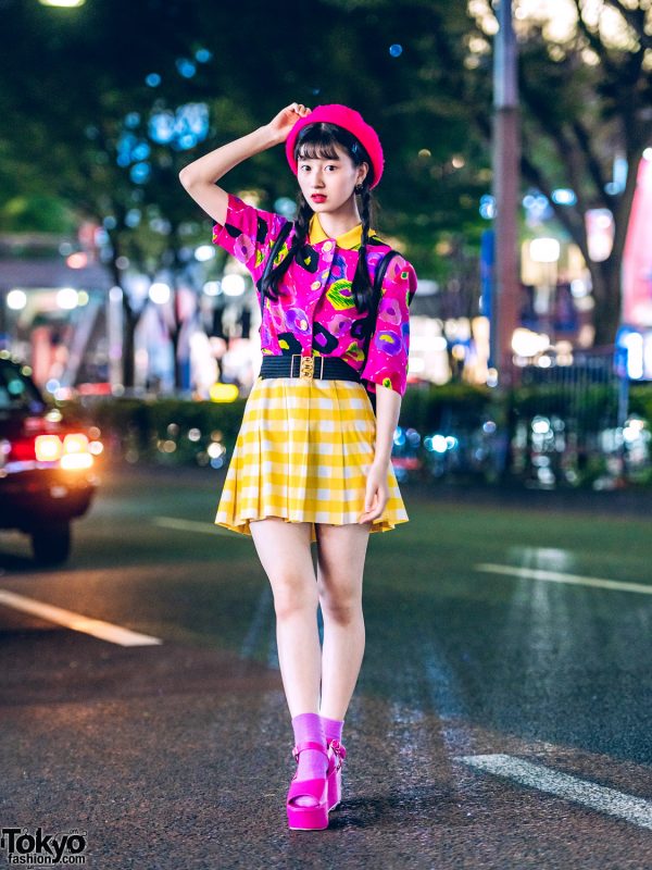Cheerful Harajuku Teen Style w/ Pink Beret, Vintage Top, Checkered Skirt, Chanel Earrings & WEGO Sandals