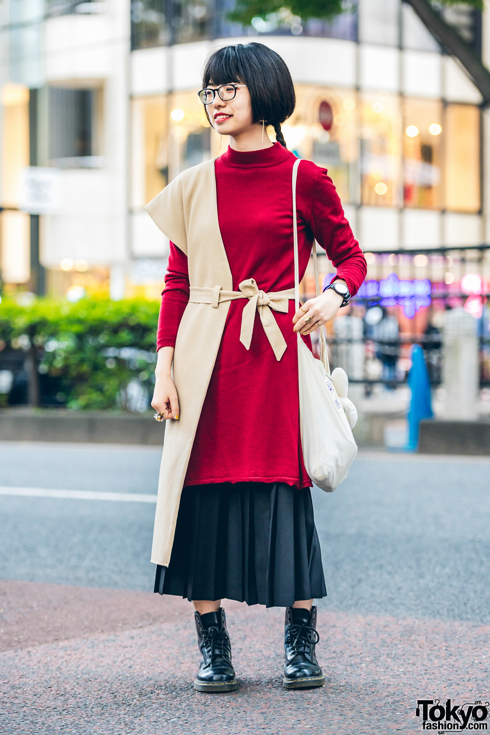 Chic Harajuku Streetwear Style w/ Akira Furukawa Half-Vest, Sweater Dress, Midi Skirt, Dr. Martens Boots & Higher Magazine Sling Bag