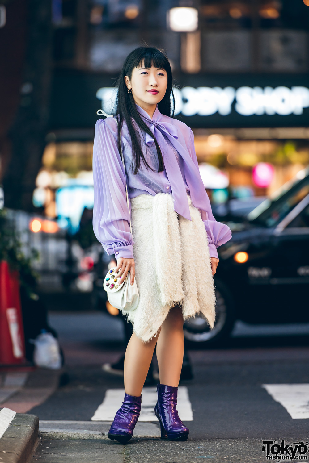 Chic Vintage Harajuku Street Style w/ Pussybow Blouse, Furry Cardigan as Skirt, Patent Purple Boots & Buttons Sling Bag