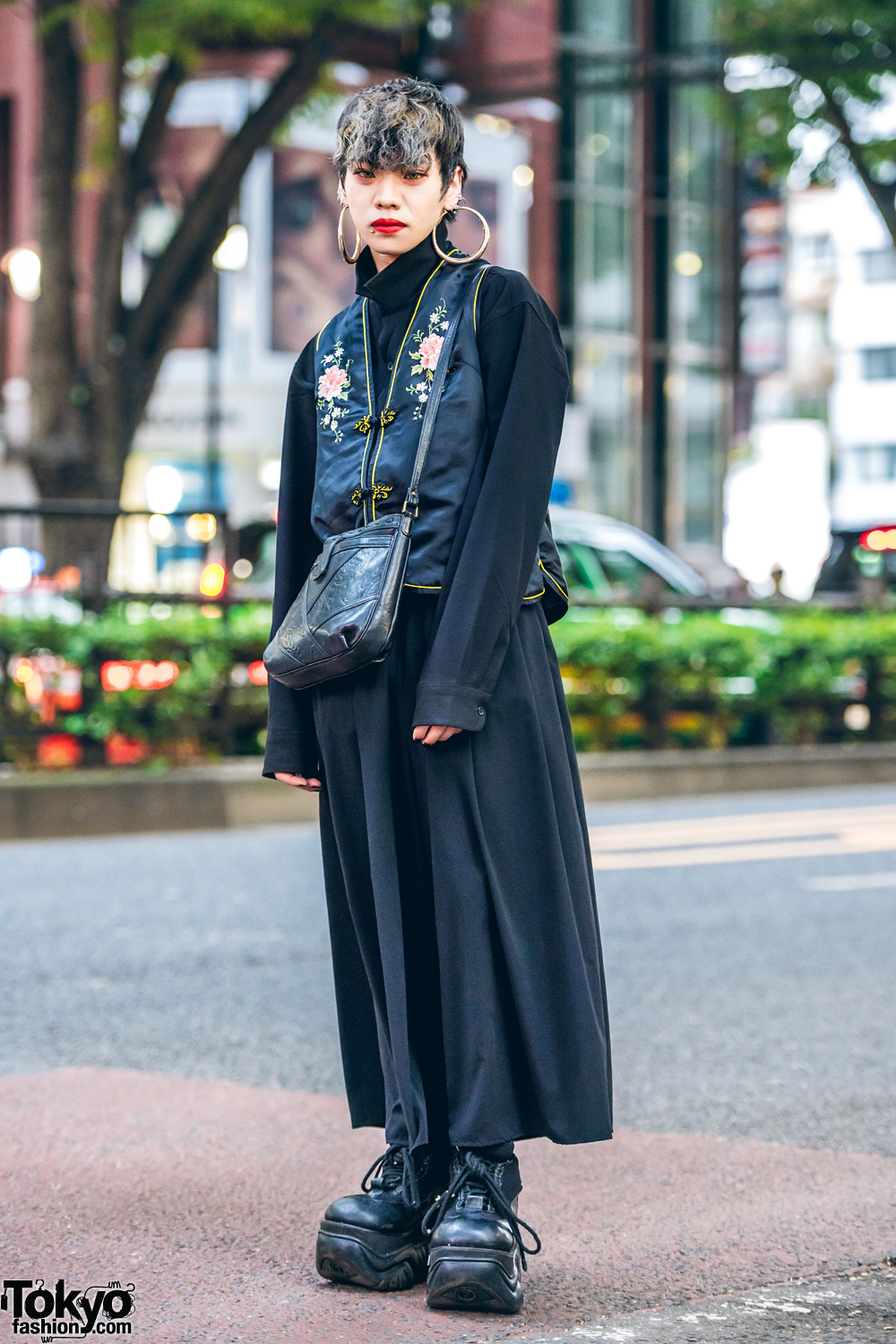 Japanese Streetwear Style w/ Floral Vest, Upturned Collar Shirt, Wide Leg Pants & Demonia Platforms