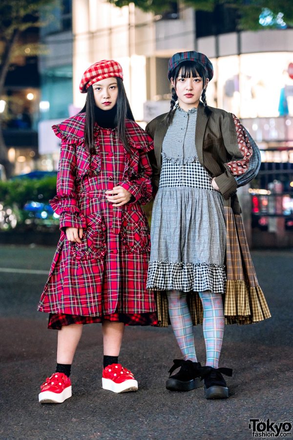 HEIHEI Streetwear Styles in Harajuku w/ Plaid Ruffle Coat, Gingham Dress, Mixed Print Coat, Berets & Tokyo Bopper Shoes