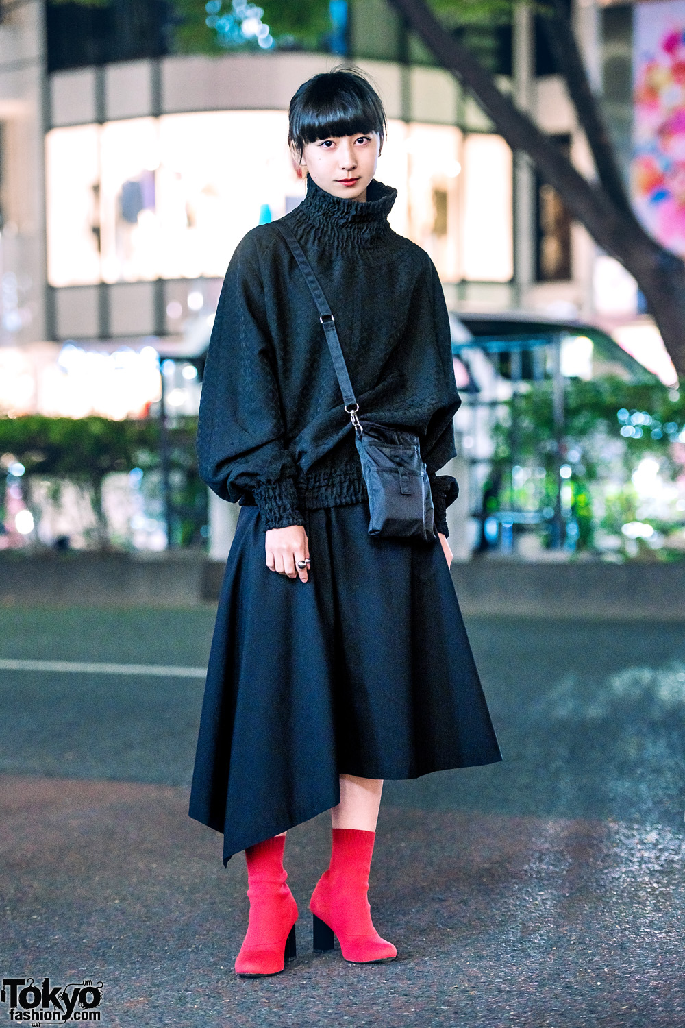 Chic Minimalist Street Style in Harajuku w/ Goto Asato Turtleneck, Comme des Garcons Asymmetrical Skirt, Emoda Boots & Muji Crossbody Bag