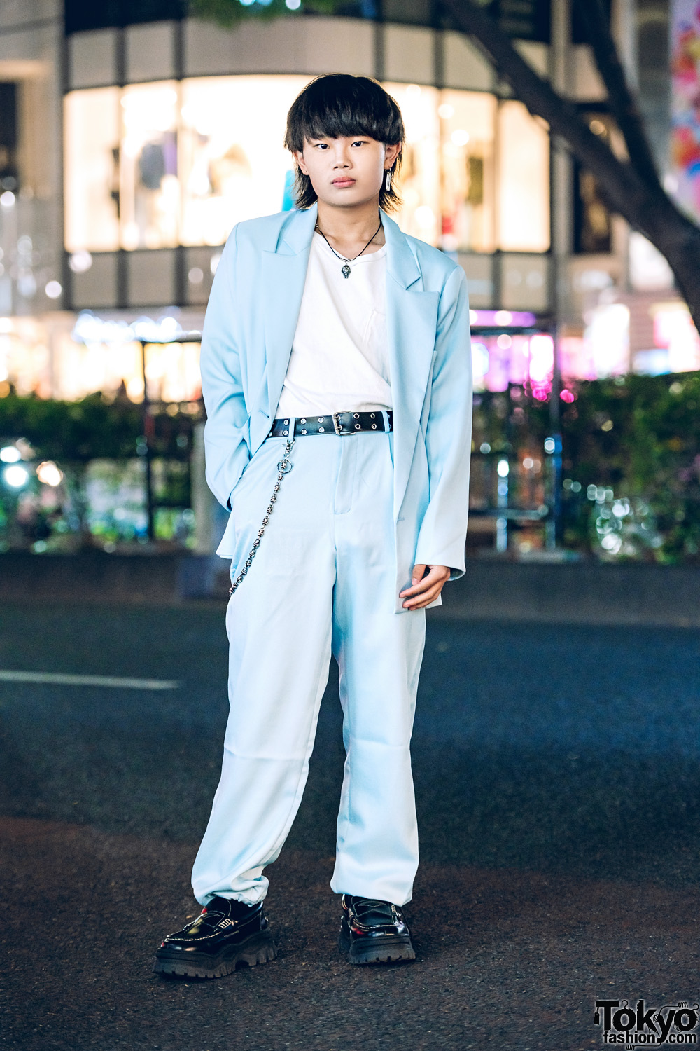 Faith Tokyo Blue Suit Menswear Style w/ Vintage Top, Eytys Shoes & Oh Pearl Accessories
