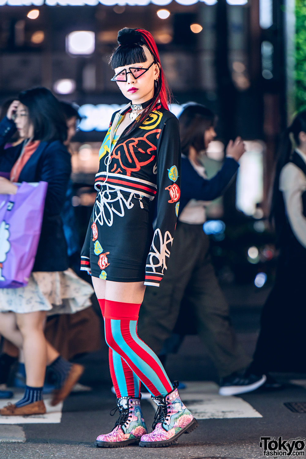 Neuron Nailz Tokyo Owner's Streetwear Style w/ Meek, Dolls Kill Mini Dress, Striped Thigh Socks, Floral Print Boots, Triangle Glasses & Heart Choker