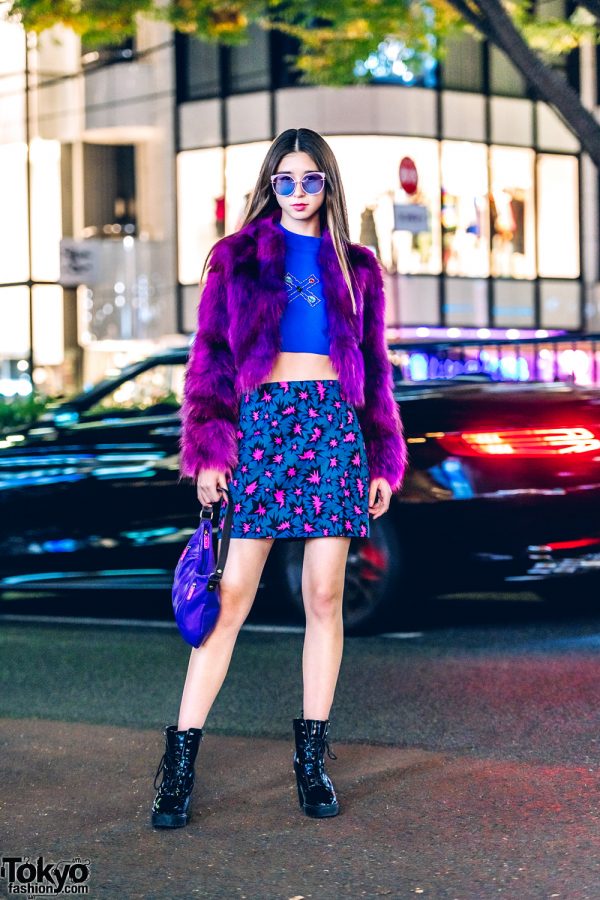 Japanese Fashion Model in Harajuku w/ Purple Faux Fur Jacket, Purple Glasses & Kate Spade Skirt