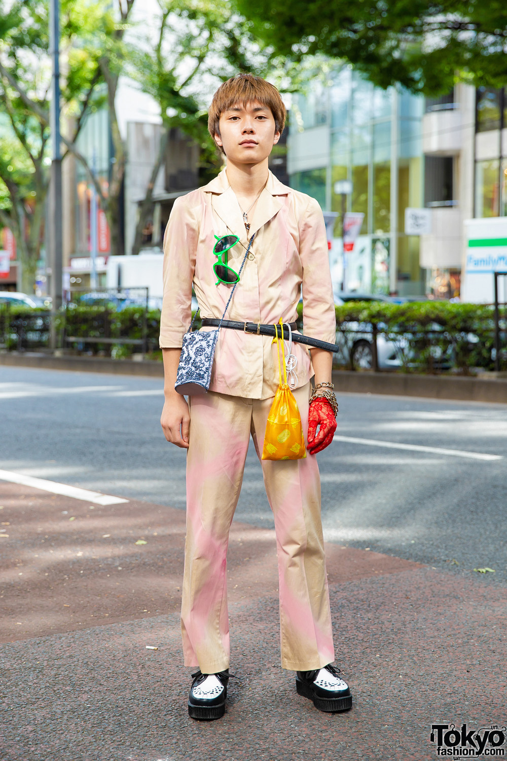 Harajuku Menswear Street Style w/ 3/4 Sleeve Suit, Creepers, Ebichu Necklace & Alien Sunglasses