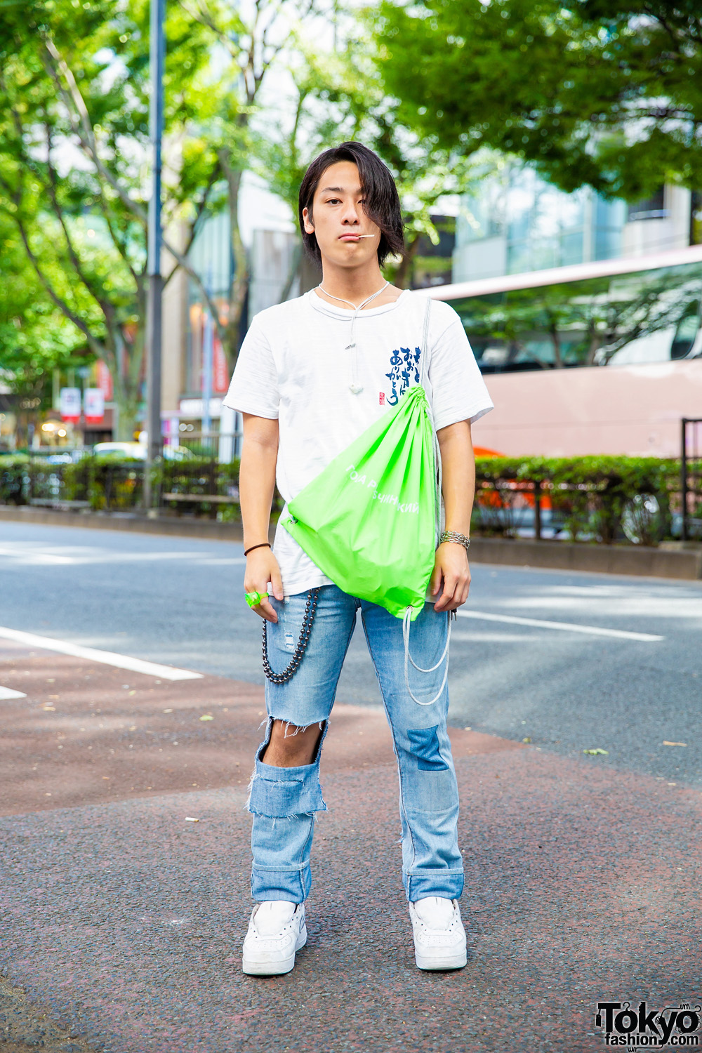 Harajuku Guy w/ Vintage Tee, Levi’s Ripped Jeans, Gosha Rubchinskiy x Adidas Bag & Nike Sneakers