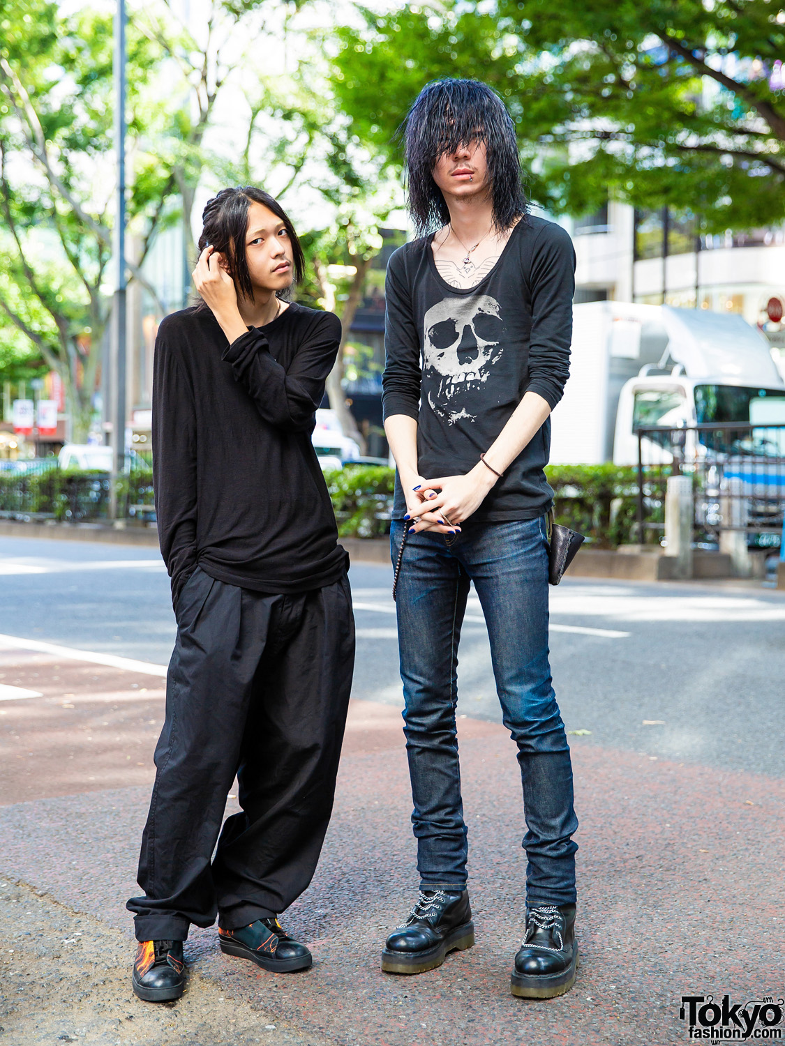 Harajuku Guys Black Streetwear Styles w/ Y by Alexander Wang, Issey Miyake Sneakers, Y's Pants, Skull Shirt & Silver Jewelry
