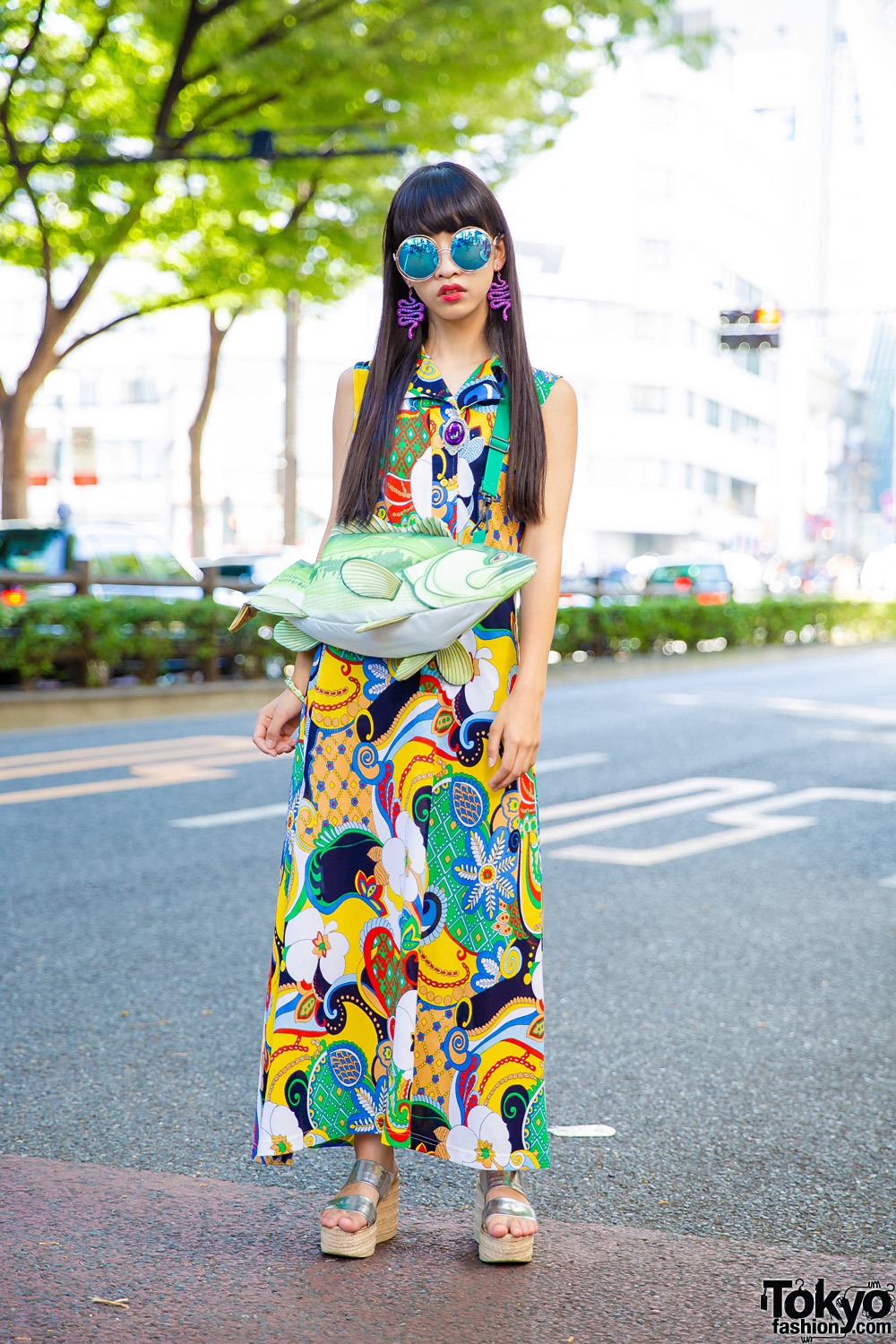 Harajuku Girl w/ Multicolored Floral Dress, Snake Earrings, Cork Platform Sandals & Fish Bag