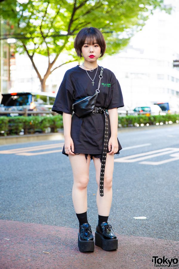 Harajuku Girl’s Street Style w/ BLACKxBLACK T-Shirt, Denim Frayed Shorts, Yosuke Platform Creepers, Waist Bag & Accessories