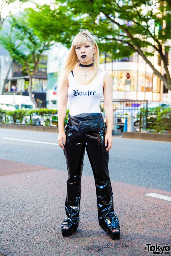 Harajuku Girl’s Gothic Punk Street Style w/ Forever21 Boujee Top, UNIF Patent Pants, MYOB NYC Earrings, Amijed Cross Necklace & Jeweled Nail Art