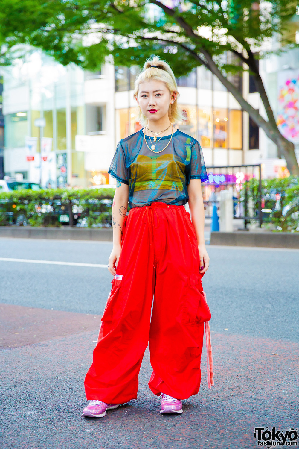 Harajuku Girl's Streetwear w/ Pinnap See-Through Shirt, Corset, Parachute Pants, VidaKush Accessories & Faith Tokyo Metallic Sneakers