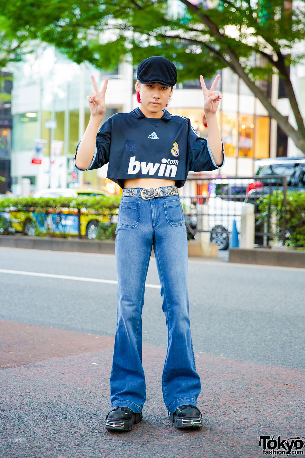 Japanese Street Style in Harajuku w/ Real Madrid Adidas BWIN Cropped Jersey, Flared Jeans, New Rock Buckle Shoes & Newsboy Cap