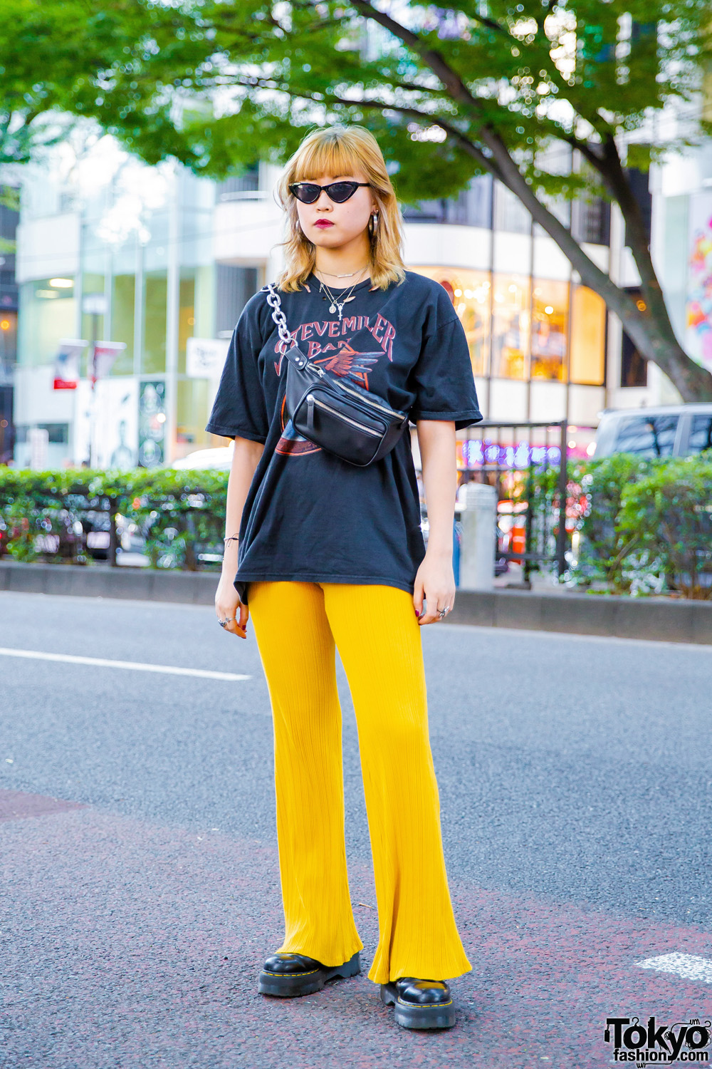 Harajuku Girl w/ Black Band T-Shirt, Yellow Flared Pants & Black Boots