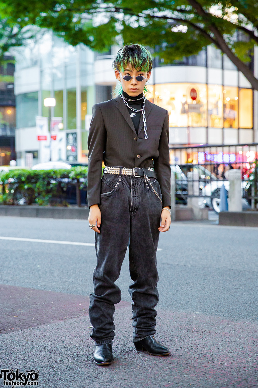Green-Haired Harajuku Guy in All Black Vintage Streetwear