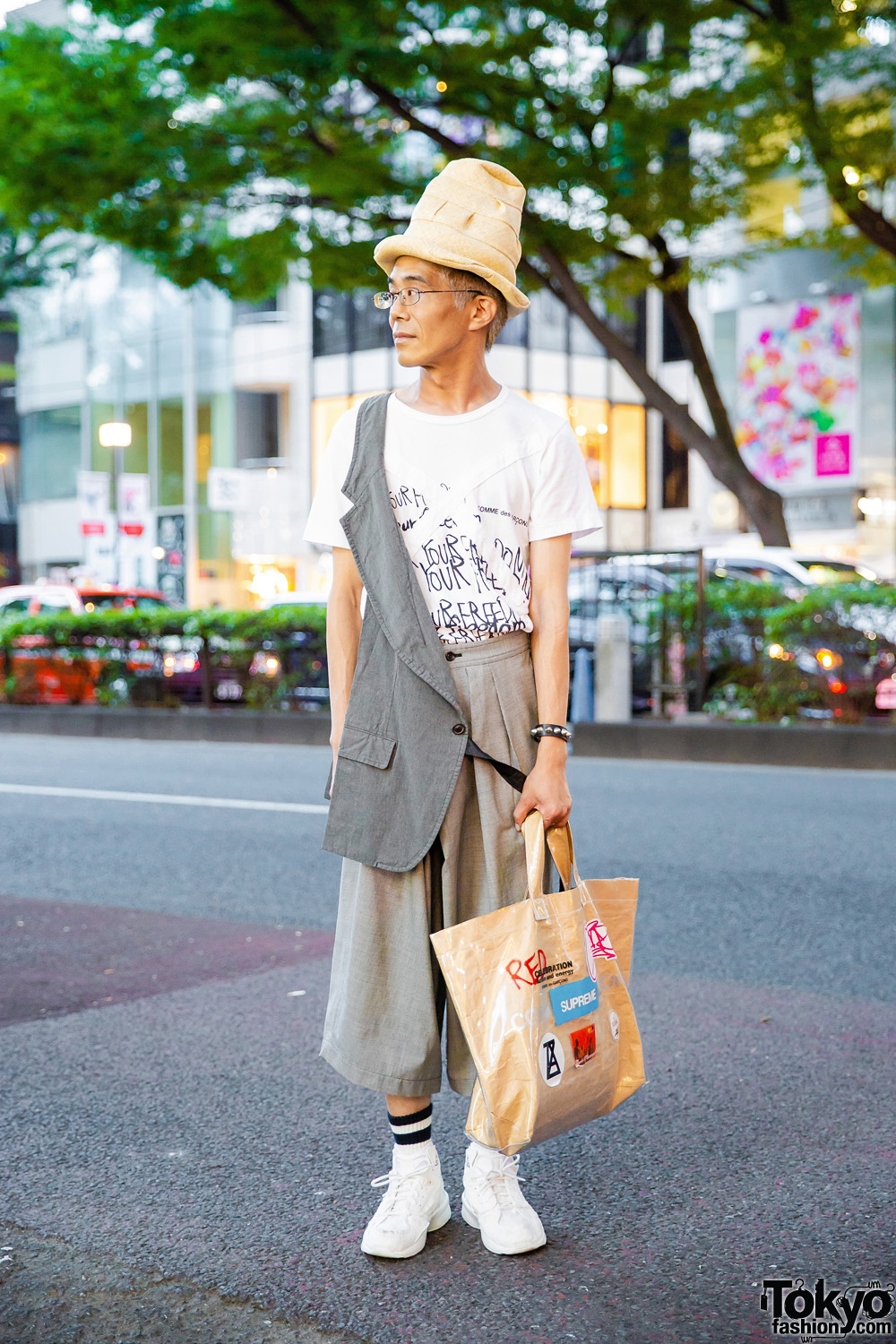 Comme des Garcons Harajuku Street Style w/ Tall Tan Hat, White