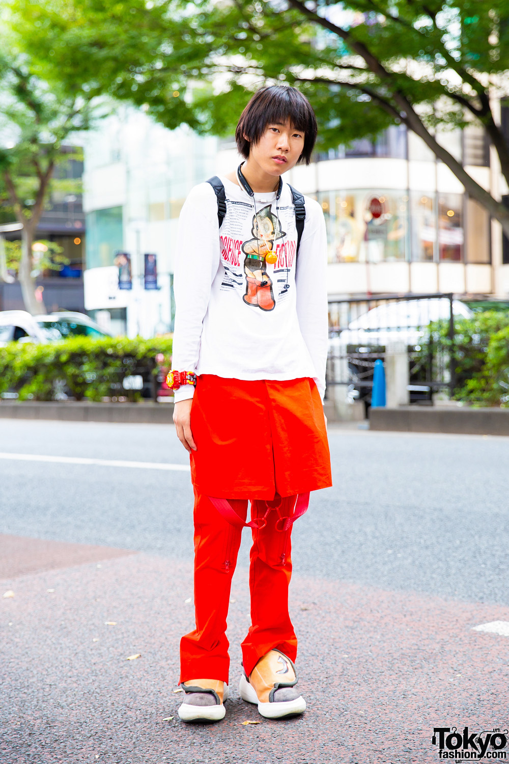 Red & White Harajuku Streetwear Style w/ Astro Boy Sweatshirt, Walter Van Beirendonck Strap Pants, Skirt Panel, Swear Velcro Sneakers & Robot Watch