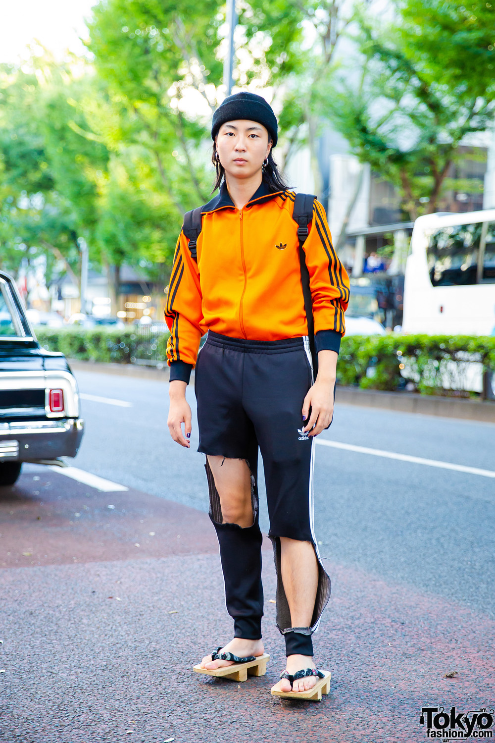 Tokyo Vintage & Handmade Streetwear w/ Orange Jacket, Black Track Pants & Geta Sandals