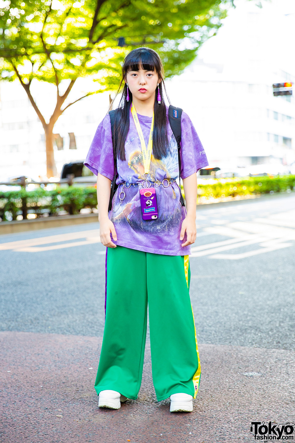 Harajuku Girl's Sporty Casual Street Style w/ RRR Vintage Tie Dye Shirt, RRR by Sugar Spot Factory, Yosuke, Oh Pearl, JanSport & RRR by Runa Mama USB Earrings