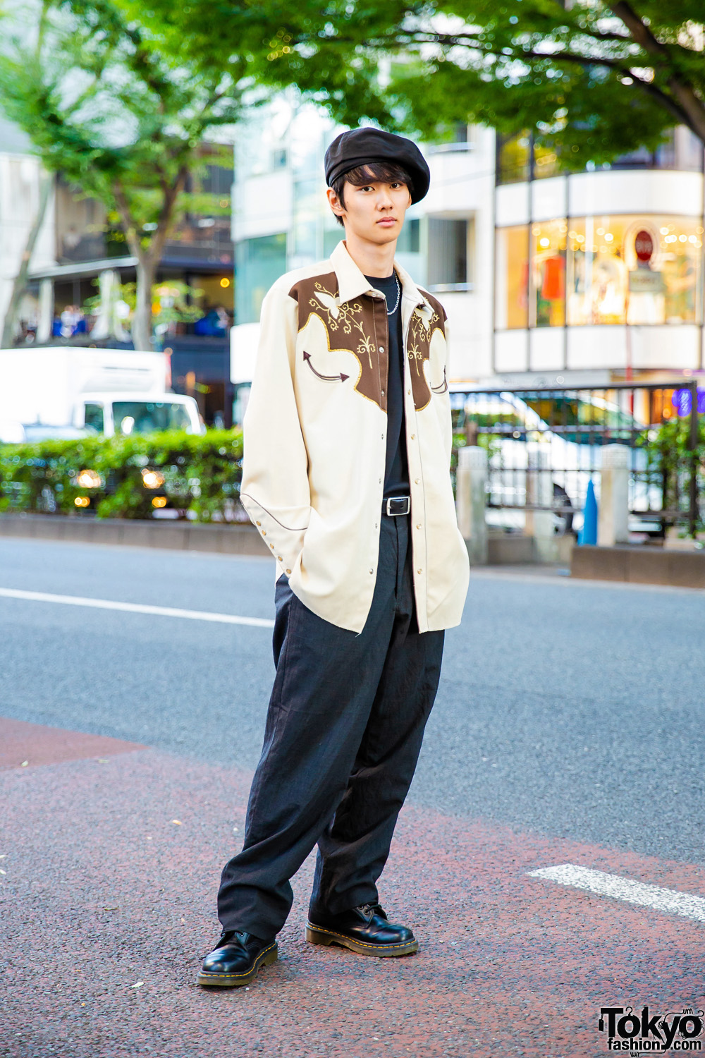 Harajuku Guy's Street Style w/ Cowboy Shirt, Back Number, Calvin Klein Pants, Dr. Martens Boots & Beret
