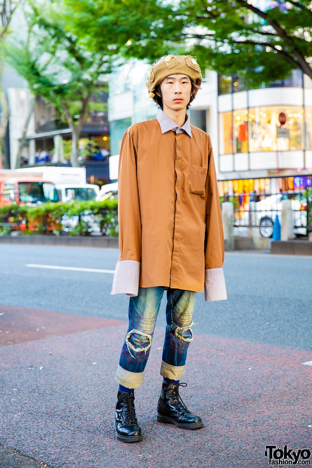 Christopher Nemeth Rope Print Harajuku Street Style w/ Newsboy Cap,  Collarless Jacket, Sarueru Overalls & Adidas x Raf Simons Sneakers – Tokyo  Fashion