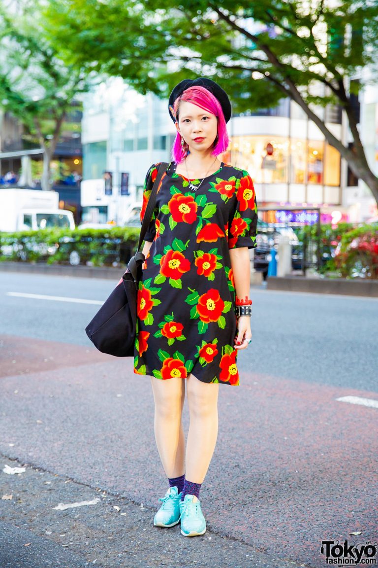 Pink-Haired Harajuku Girl w/ Moussy Floral Dress, New Balance Sneakers ...