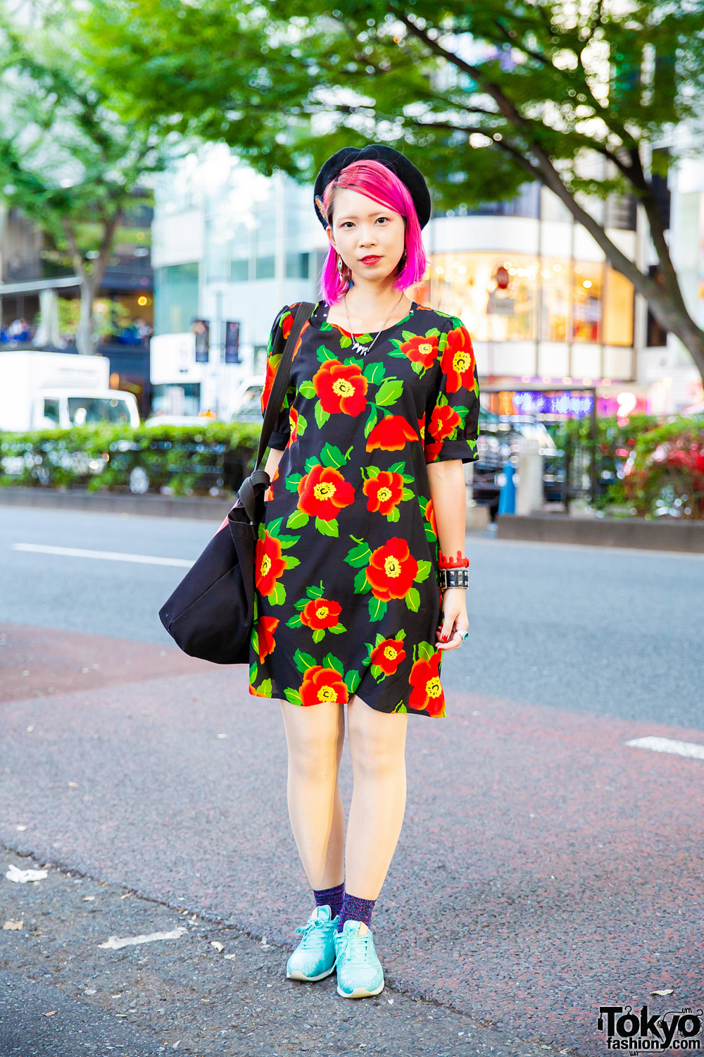 Pink-Haired Harajuku Girl w/ Moussy Floral Dress, New Balance Sneakers & Vivienne Westwood Bag