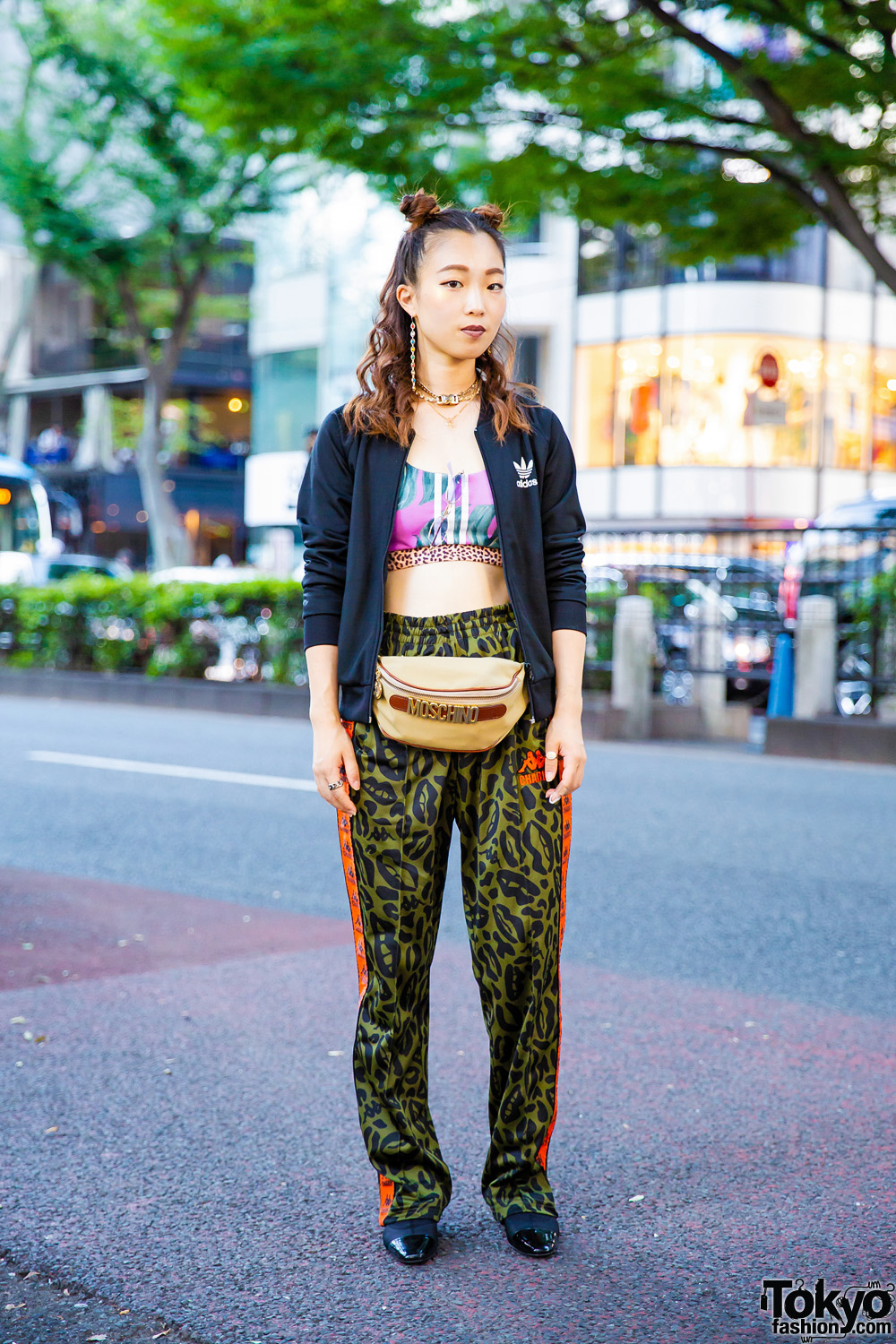 Sporty Chic Tokyo Street Style w/ Adidas, Kappa Lip Print Pants, Zara Pointy Boots, Moschino Waist Bag & VidaKush Jewelry