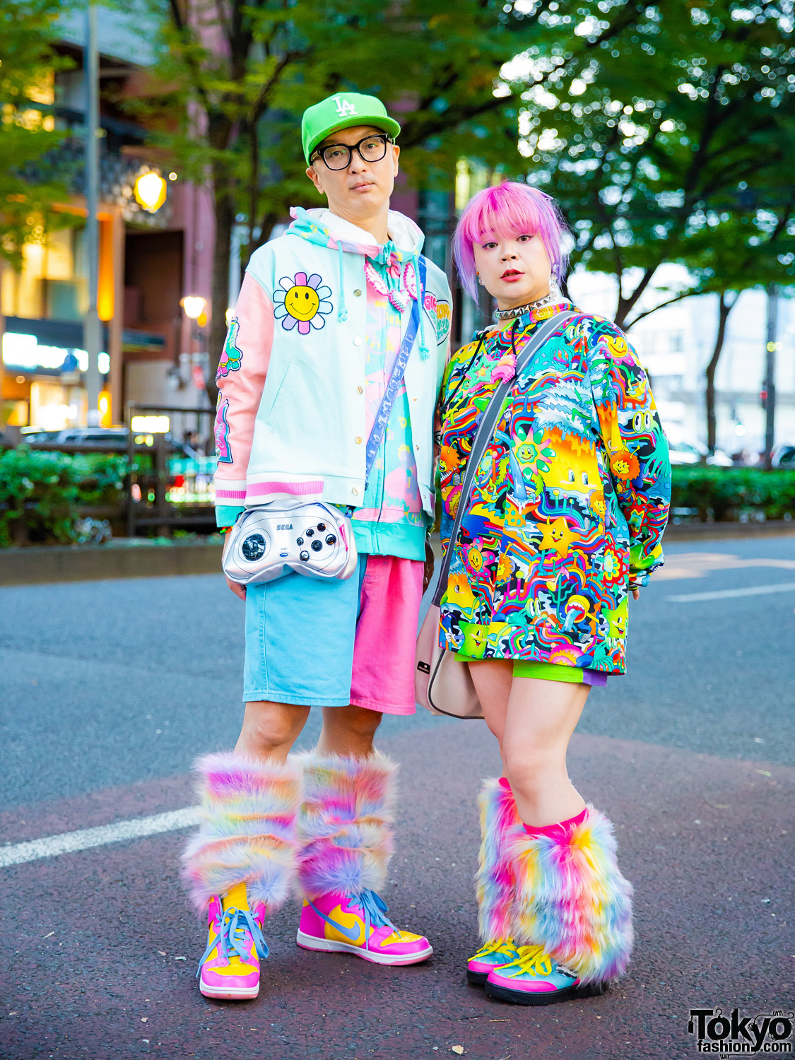 Kawaii Couple Harajuku Street Style w/ Galaxxxy, 6%DOKIDOKI Furry Leg Warmers, Pinnap Tokyo, Perler Beads, GameBoy & SEGA Bags