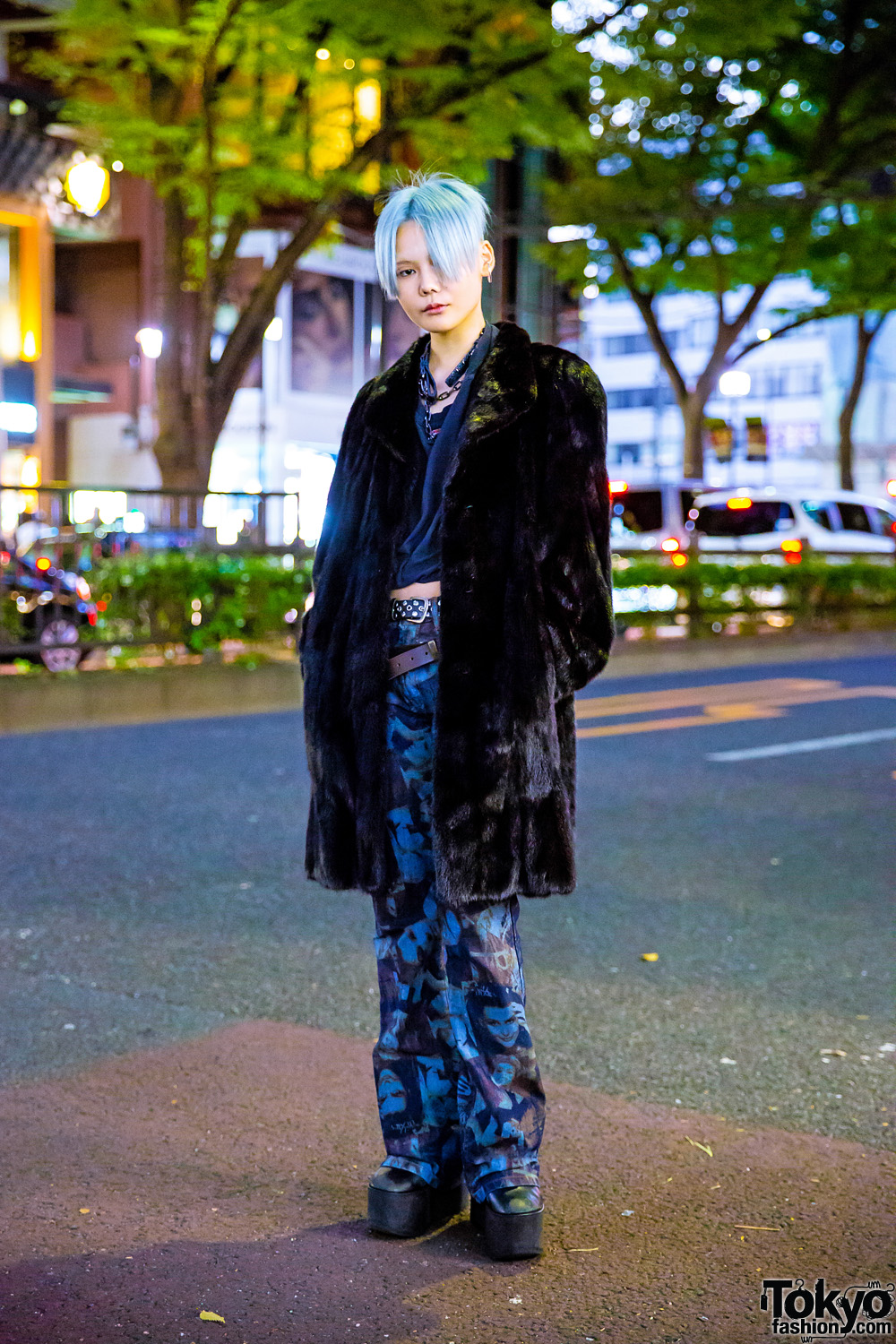 Edgy Tokyo Street Style w/ Blue Pixie Hair, Faux Fur Coat, Harley Davidson Crop Top, Vivienne Westwood & Ego