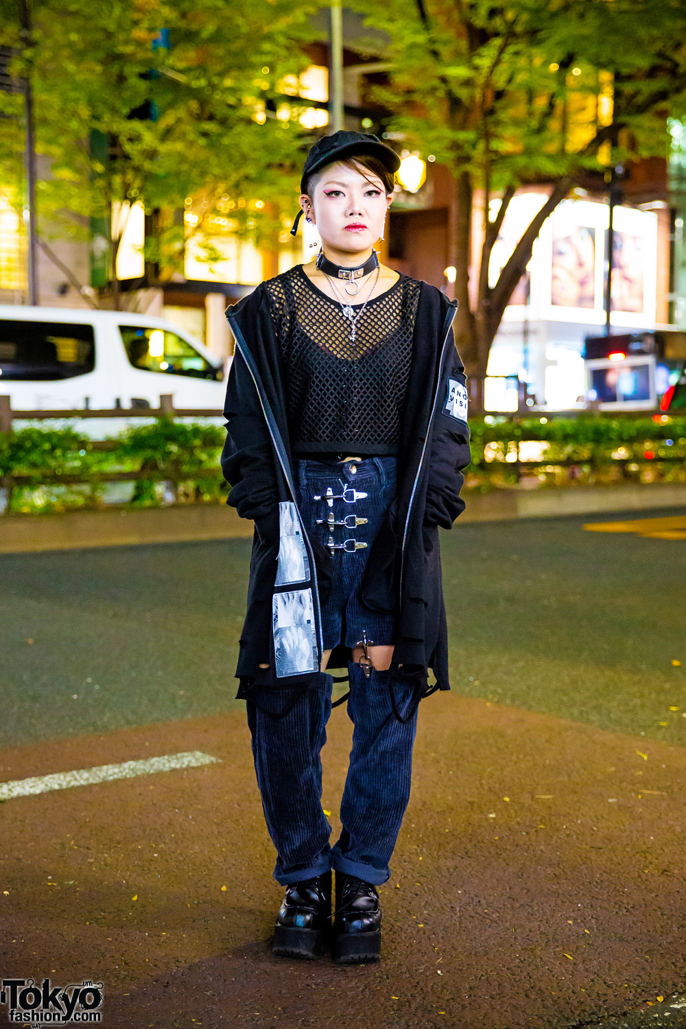 Dark Harajuku Streetwear Style w/ MSBHV Distressed Jacket, Cropped Mesh Top, MYOB Cutout Pants, Platform Shoes & Silver Jewelry