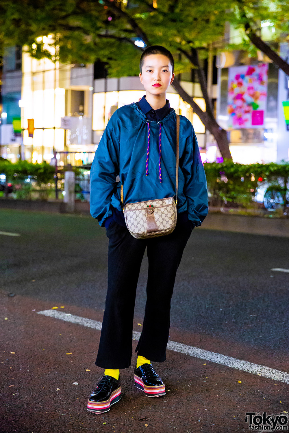 Japanese Model in Harajuku w/ Shaved Head, Vintage Collared Shirt, Flared Pants, Zara Platform Shoes & Gucci Logo Print Bag