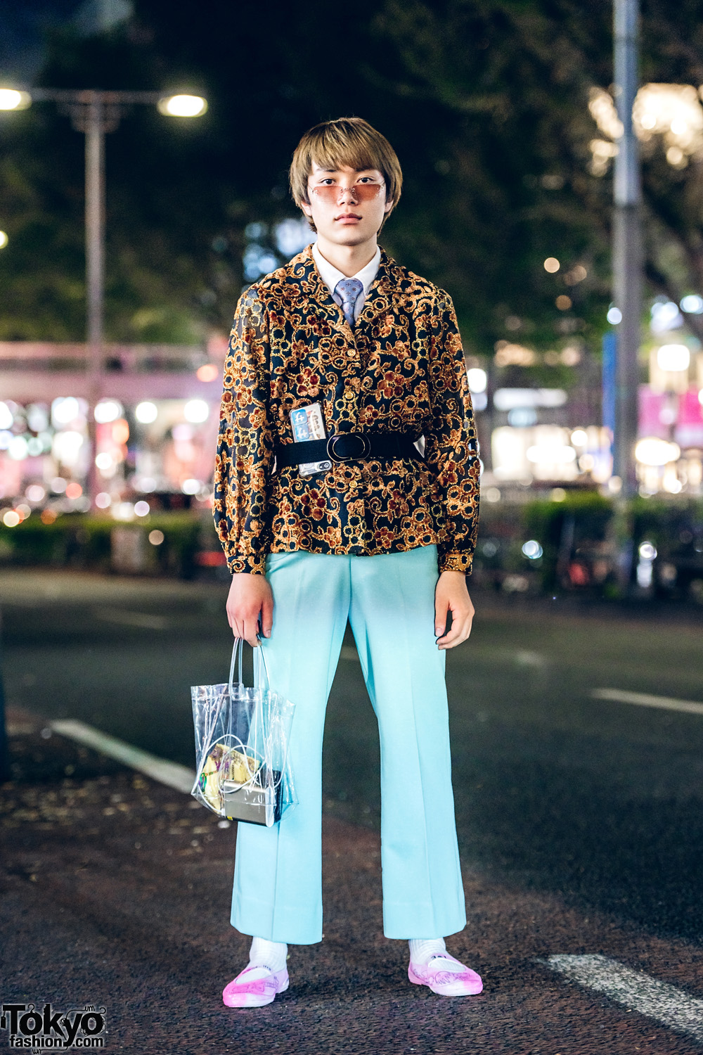 Retro Vintage Menswear Style in Harajuku w/ Brocade Blazer, Aqua Pants, School Shoes & Clear Tote Bag