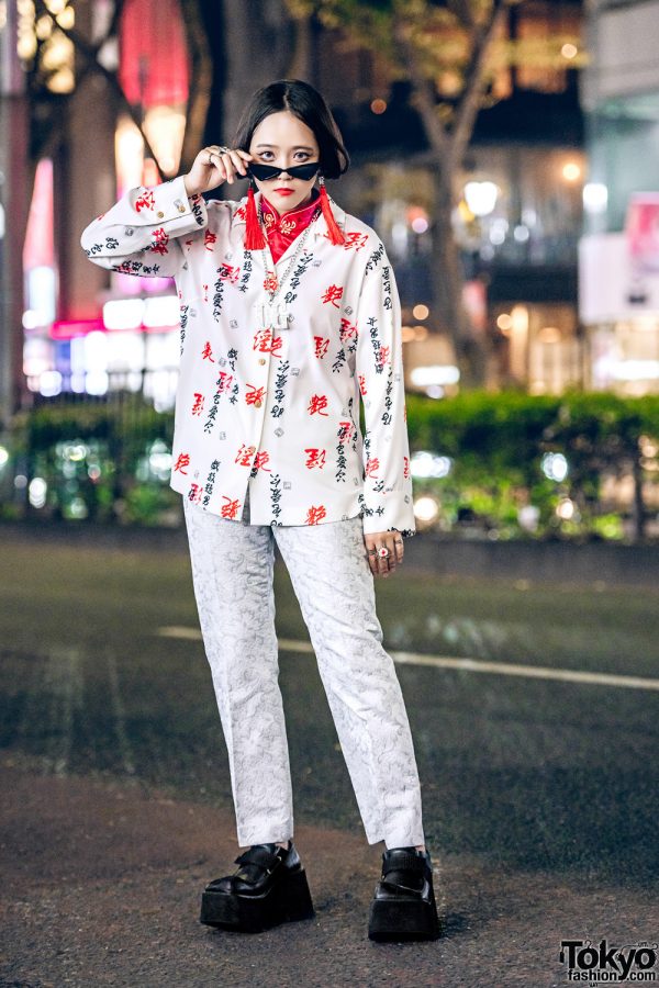 Harajuku Streetwear Style w/ Oh Pearl Kanji Print Shirt, Vintage Patterned Pants, Velcro Strap Platforms & ME Harajuku Accessories