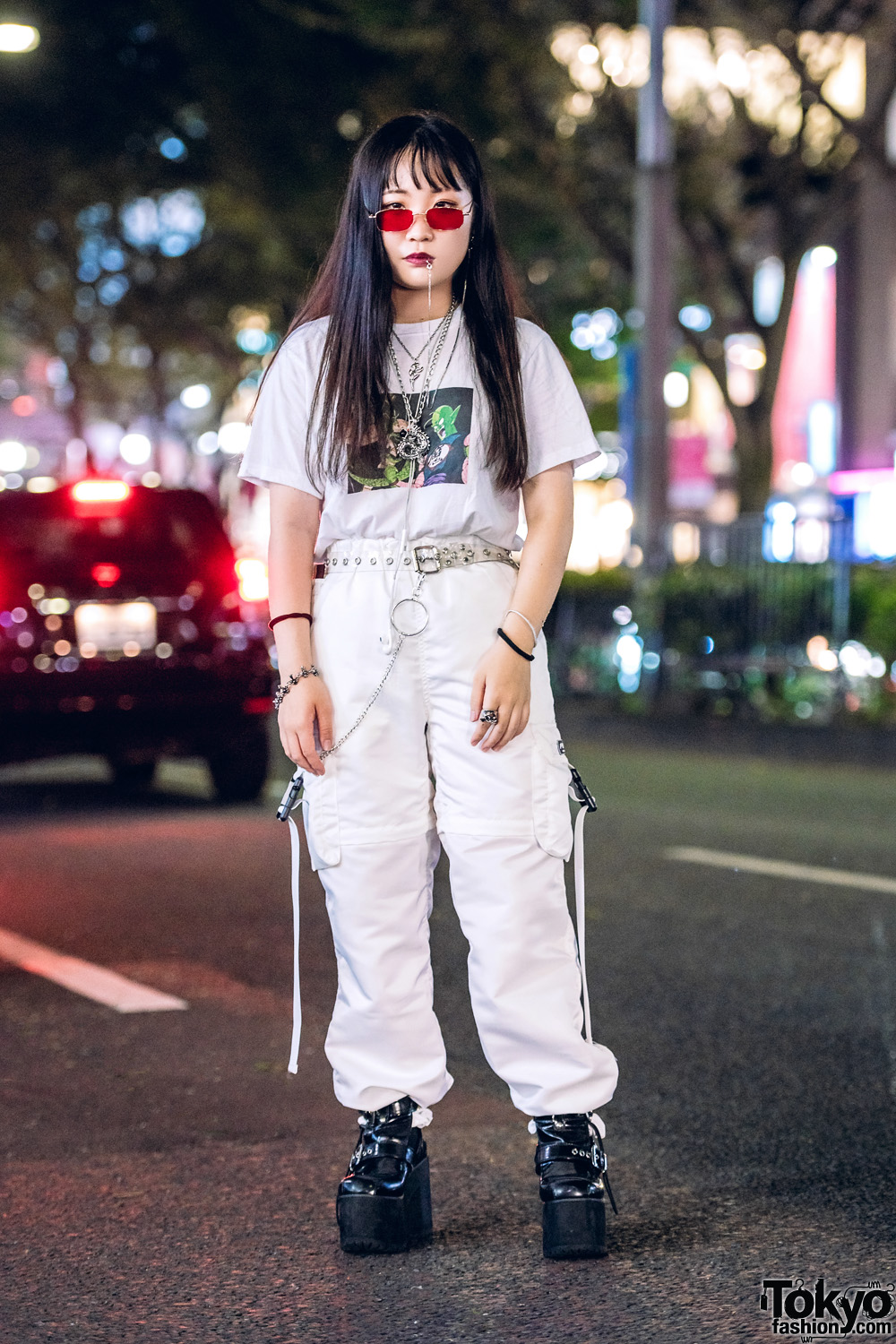 Tokyo Punk Streetwear Style w/ Dragon Ball Z T-Shirt, Faith Tokyo Parachute Pants, Bubbles Ankle-Strap Platforms & ME Harajuku Accessories