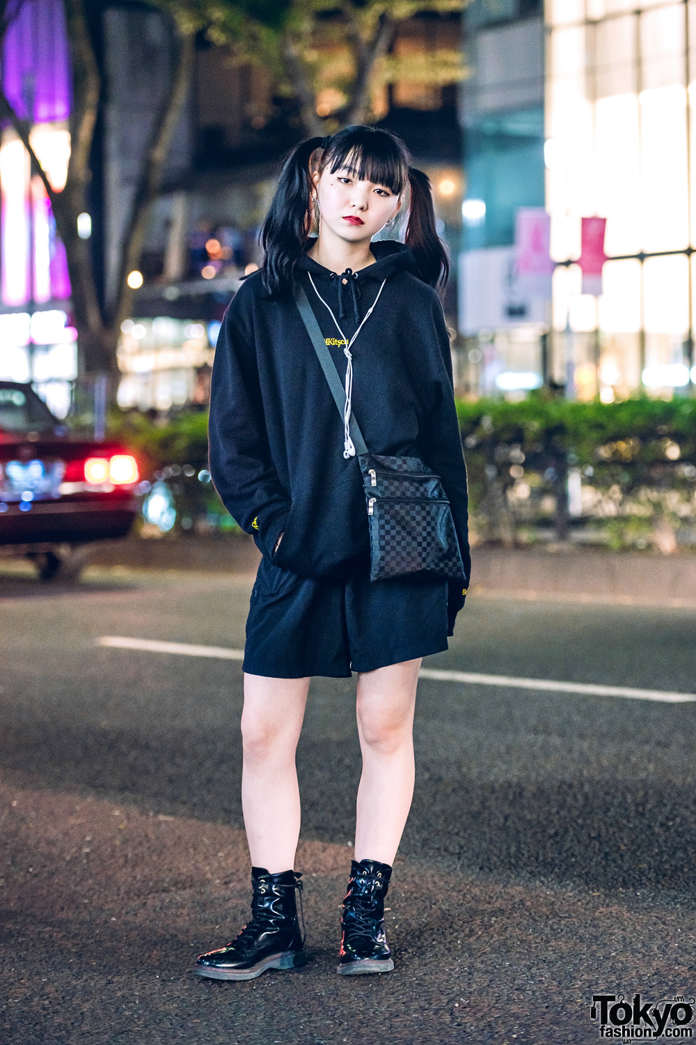 All Black Minimalist Streetwear Style in Harajuku w/ Twin Tails, Kitsch Hoodie Sweater, Shorts, Lace-Up Boots & Checkered Crossbody Bag