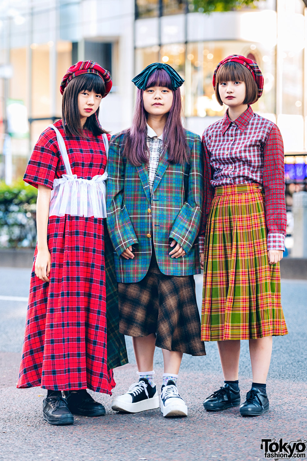 Plaid Harajuku Streetwear Styles w/ Bershka Berets, Jouetie, Burberry, Asymmetrical Skirt & Tokyo Bopper