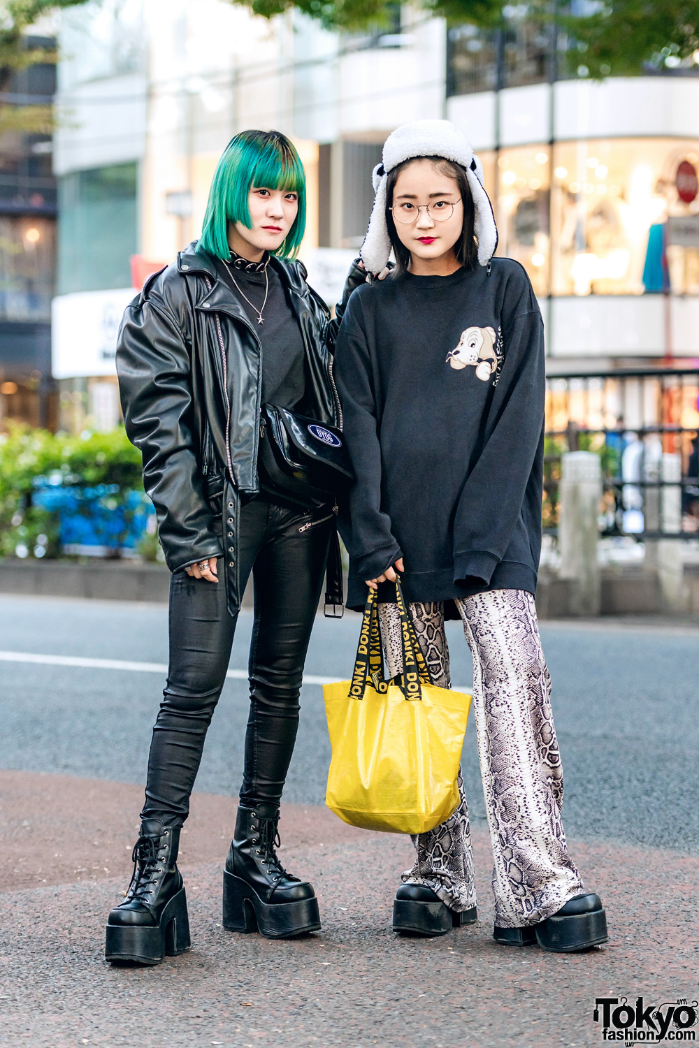 Harajuku Girls w/ Green Hair, Faith Tokyo Leather Jacket, Galfy Sweater, Bershka Snakeskin Pants, Never Mind the XU, Don Quixote, Vivienne Westwood & Demonia Platforms