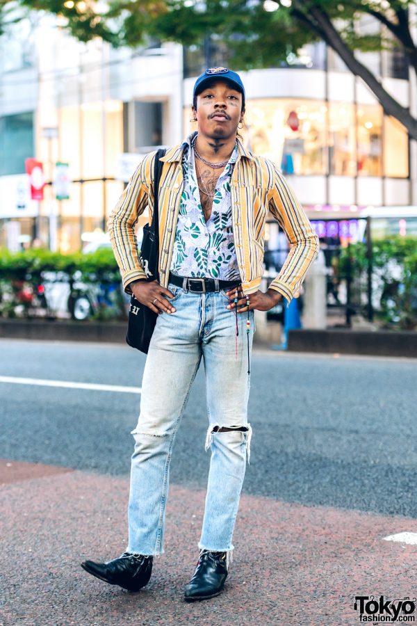 Tokyo-Based Designer in Ripped Jeans & Mixed Prints Streetwear Style w/ Hysteric Glamour, Maison Margiela, Levi’s, Big Love Records, Saint Laurent & Oz Abstract
