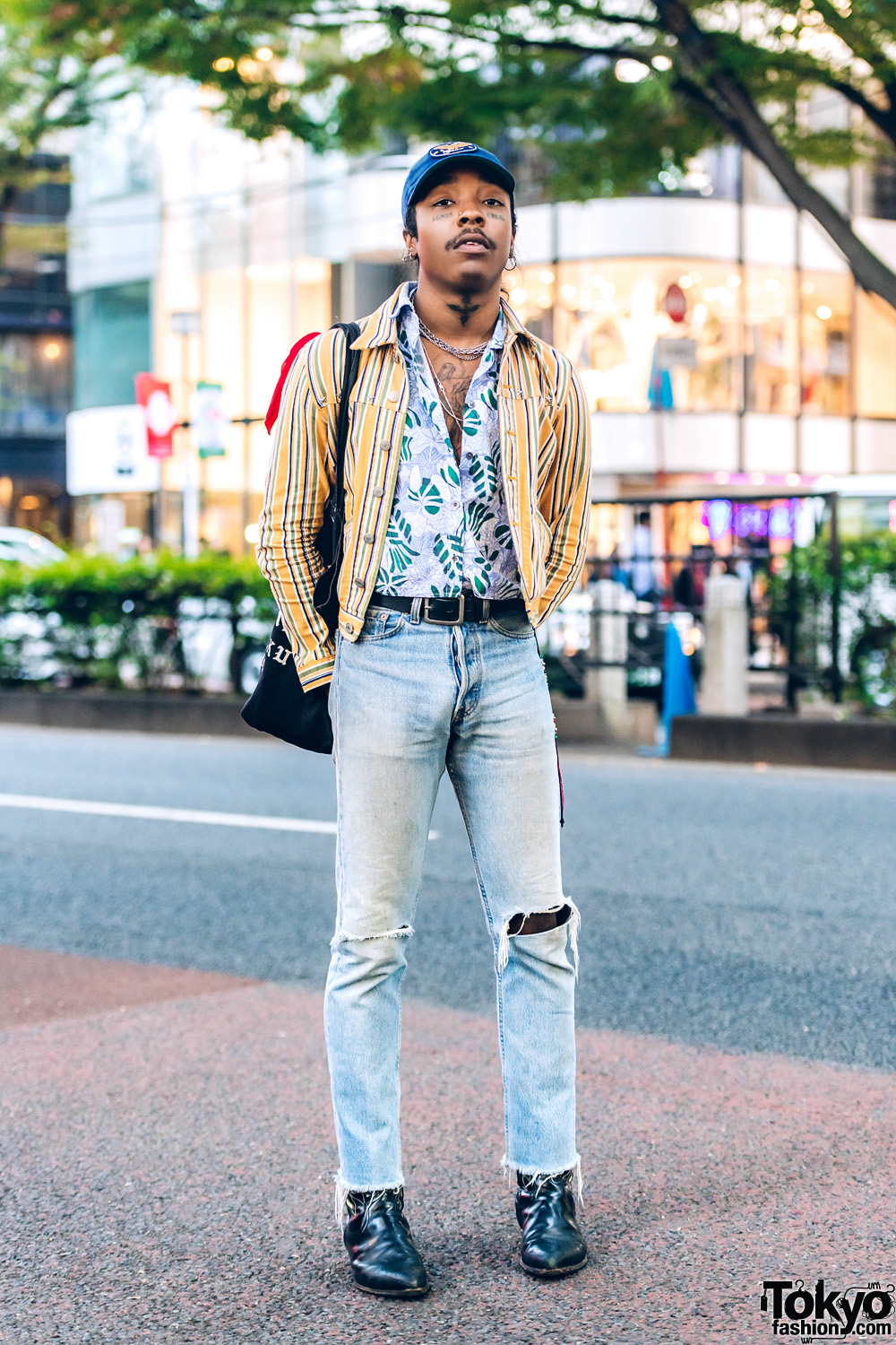 Tokyo-Based Designer in Ripped Jeans & Mixed Prints Streetwear