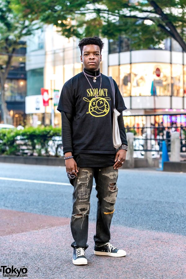 Harajuku Streetwear Style w/ Skoloct Tokyo, Leather Cuffs, Undercover Distressed Jeans & Rick Owens Sneakers