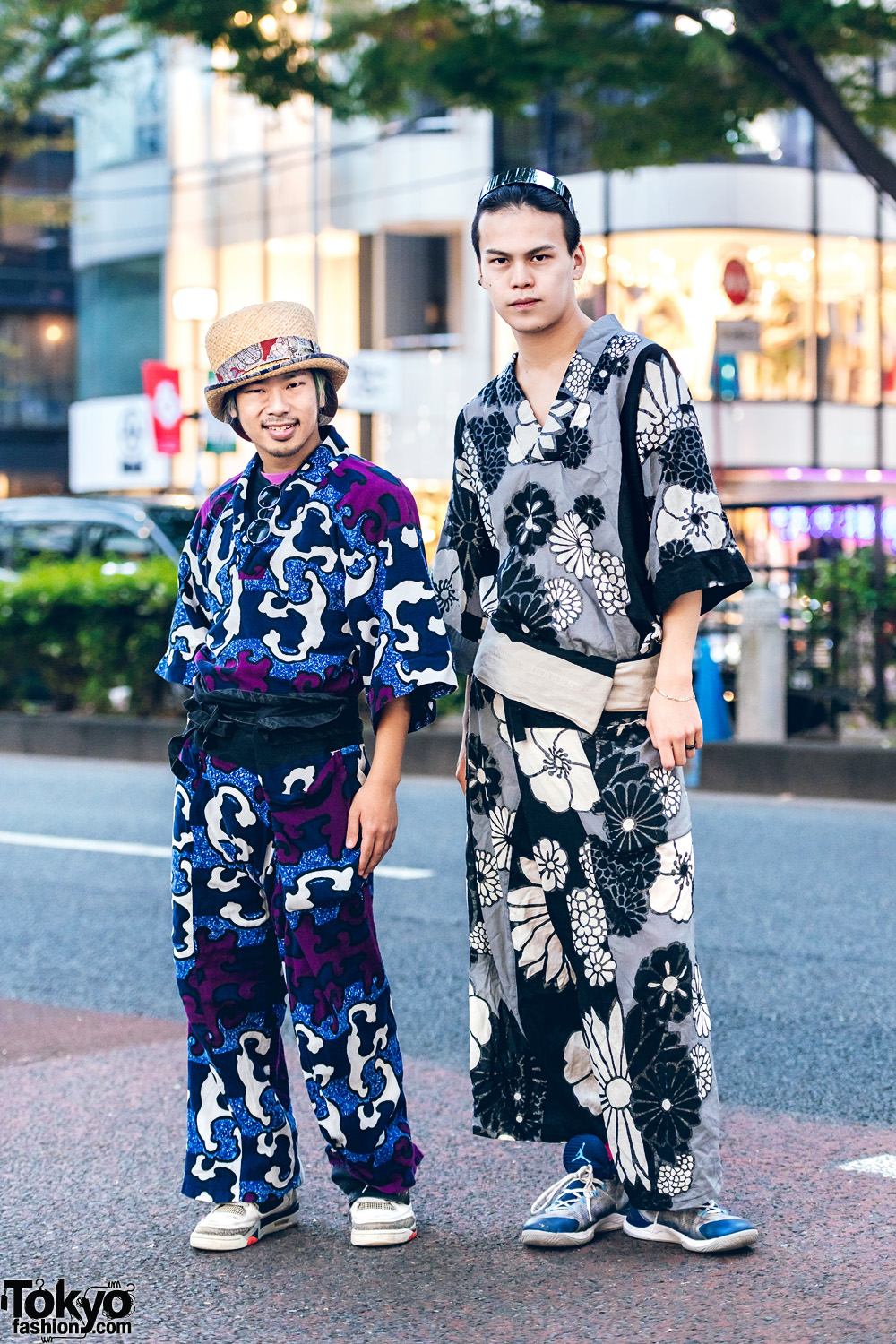 Japanese Dancers in Printed Kimono Streetwear Styles w/ Sou Sou Graphic Print & Floral Print Kimono Sets, Nike Sneakers, Straw Hat & Jewelry