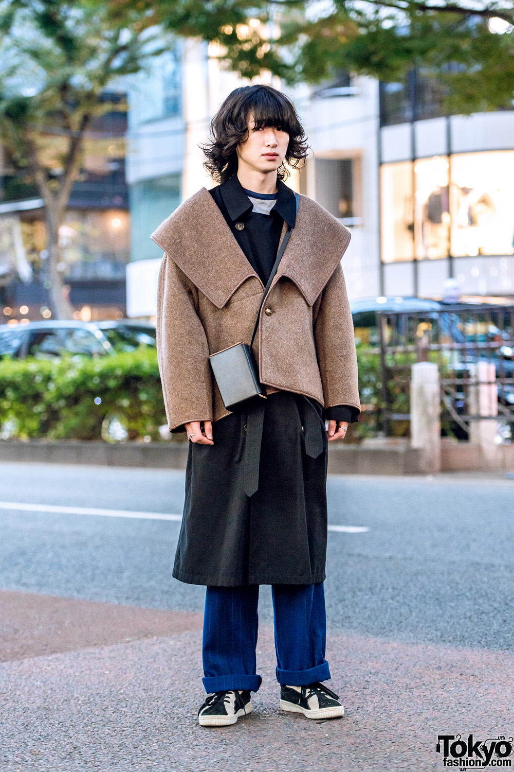 Tokyo Menswear Street Style w/ Max Mara Jacket, Black Coat & Blue Striped Pants
