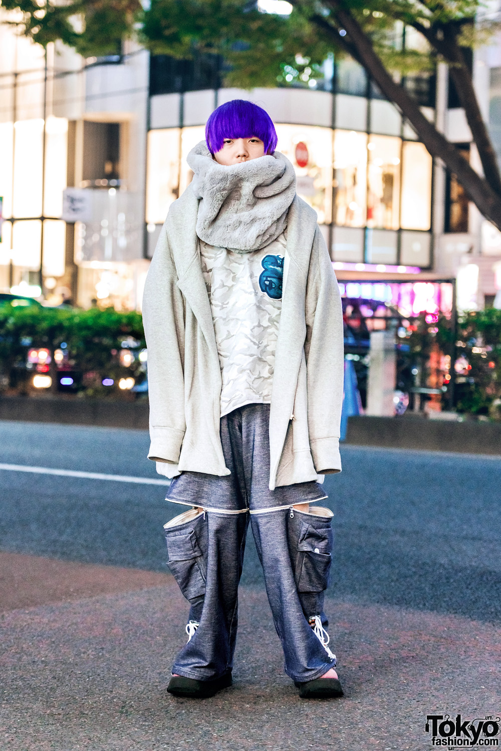 Oversized Harajuku Style w/ Purple Hair, Balmung Hoodie Jacket, Niimi Zipper Pants, Suede Platforms & Fur Muffler