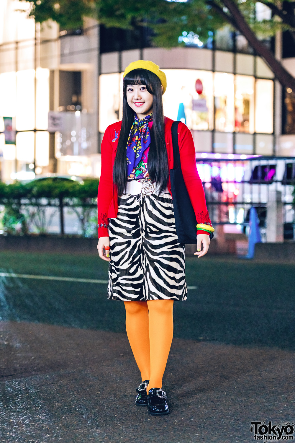 Harajuku Girl w/ Zebra Print Skirt, Orange Tights, Red Jacket, Yellow Beret, Aymmy In The Batty Girls Bag & WEGO Shoes