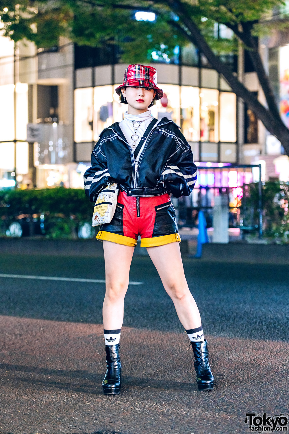 Sporty Chic Tokyo Street Fashion w/ Dolls Kill Shorts, Vintage Crossbody Bag, Plaid Hat & Yosuke Boots