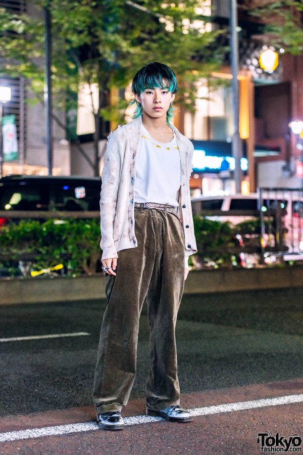 Distressed Harajuku Street Style w/ Aqua Hair, Knit Cardigan, Maison Margiela Shirt, Baggy Pants & Dr. Martens Boots